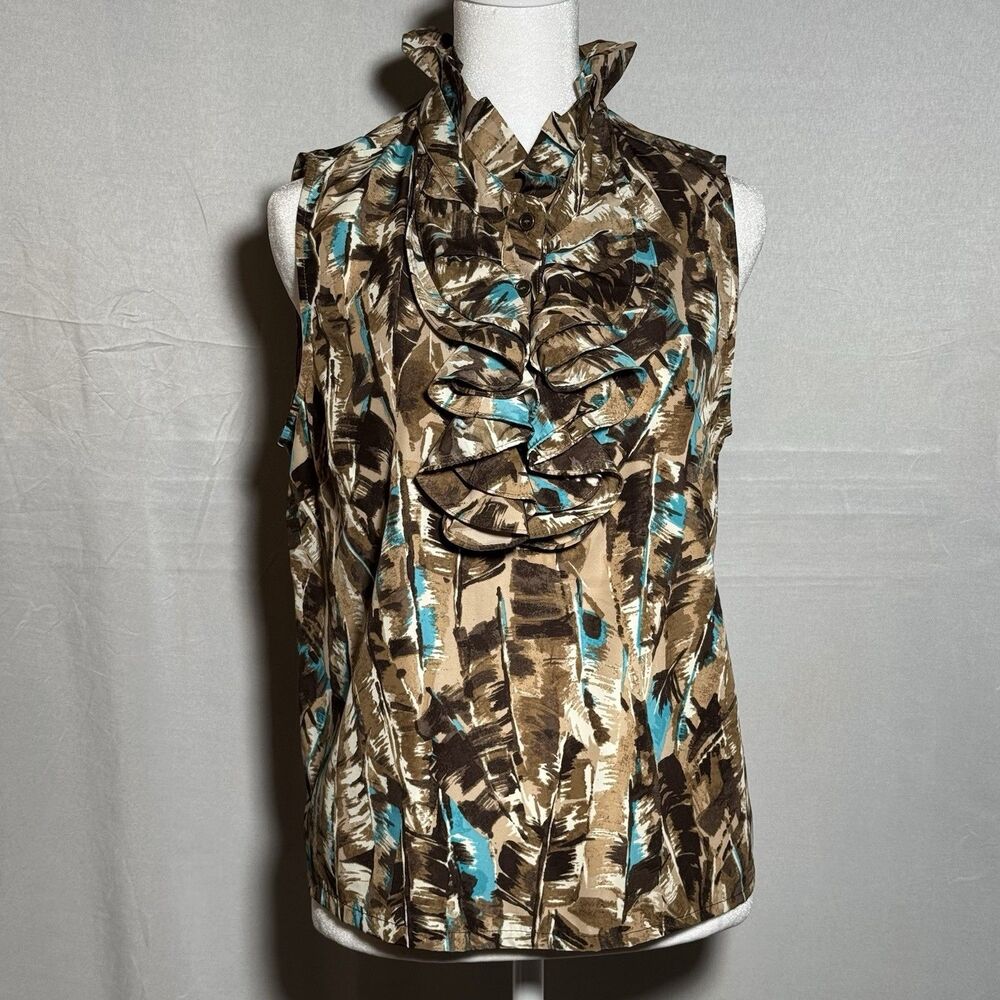 Josephine Studio Womens 10P Ruffle Blouse Brown Blue Abstract Sleeveless Top
